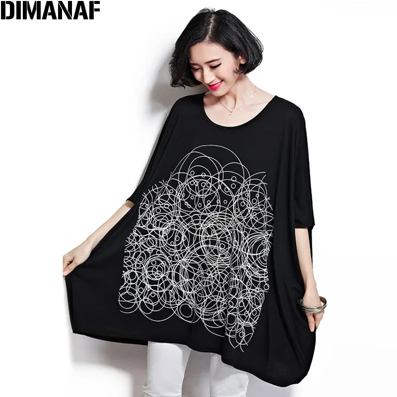 

DIMANAF 2021 Plus Size T-Shirt Women Oversize 5XL 6XL 7XL Batwing Sleeve Pattern Female Black O-Neck Cotton Loose New Tops 100KG