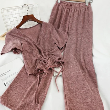 drawstring cotton women pant suits autumn new v-neck short-sleeved t-shirts and wide leg ankle length female pant suits
drawstring cotton women pant suits autumn new v-neck short-sleeved t-shirts and wide leg ankle length female pant suits