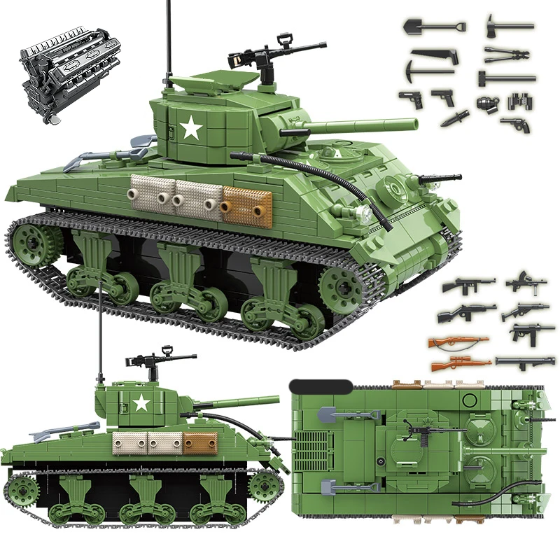 Военные щерман M4A1 Танк строительные блоки подходят техника оружие WW2 армии США