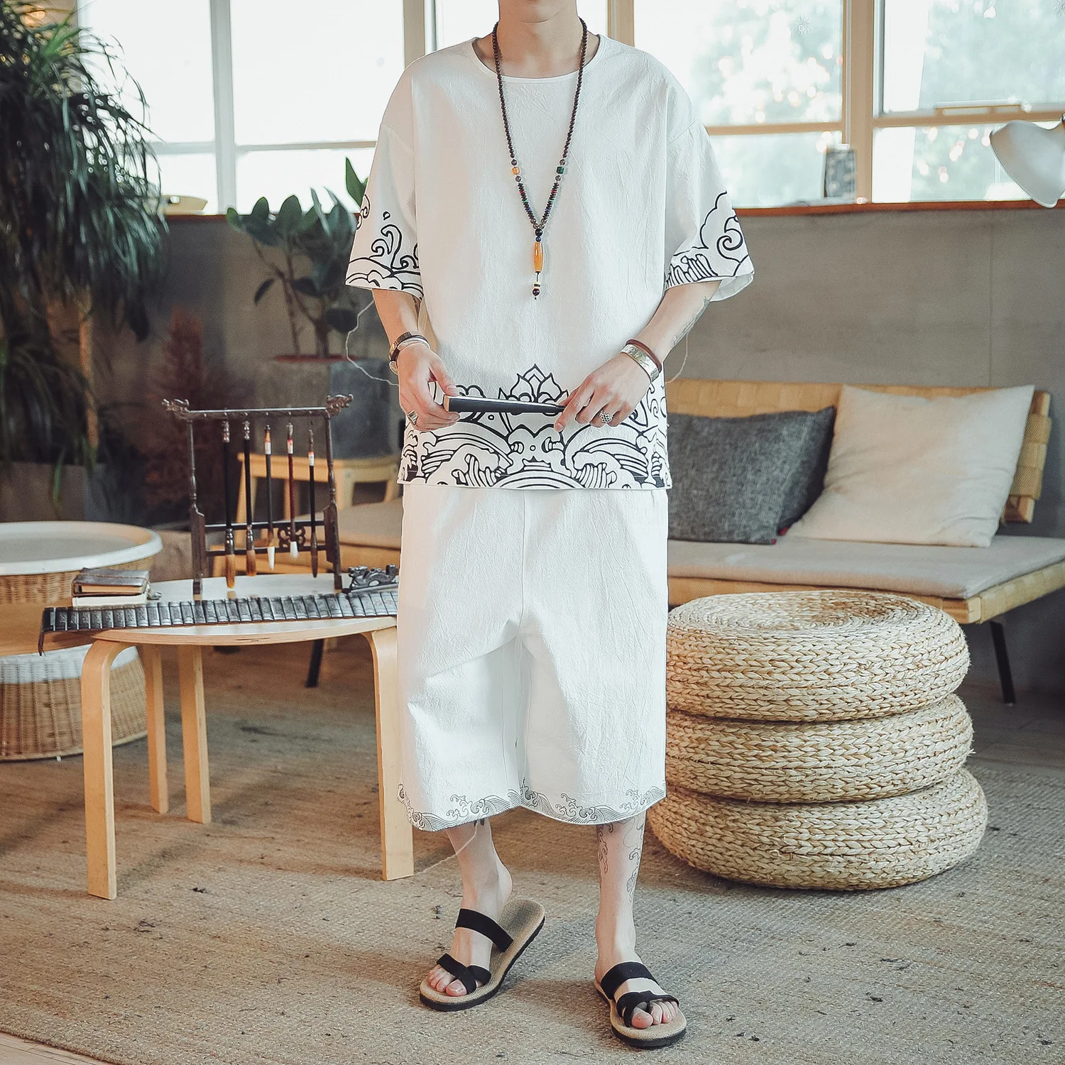 2019 Summer New Style Men's Ethnic-Style Printed Cotton Linen Set Thin Loose Short Sleeve T-shirt Capri Pants Set
2019 Summer New Style Men's Ethnic-Style Printed Cotton Linen Set Thin Loose Short Sleeve T-shirt Capri Pants Set