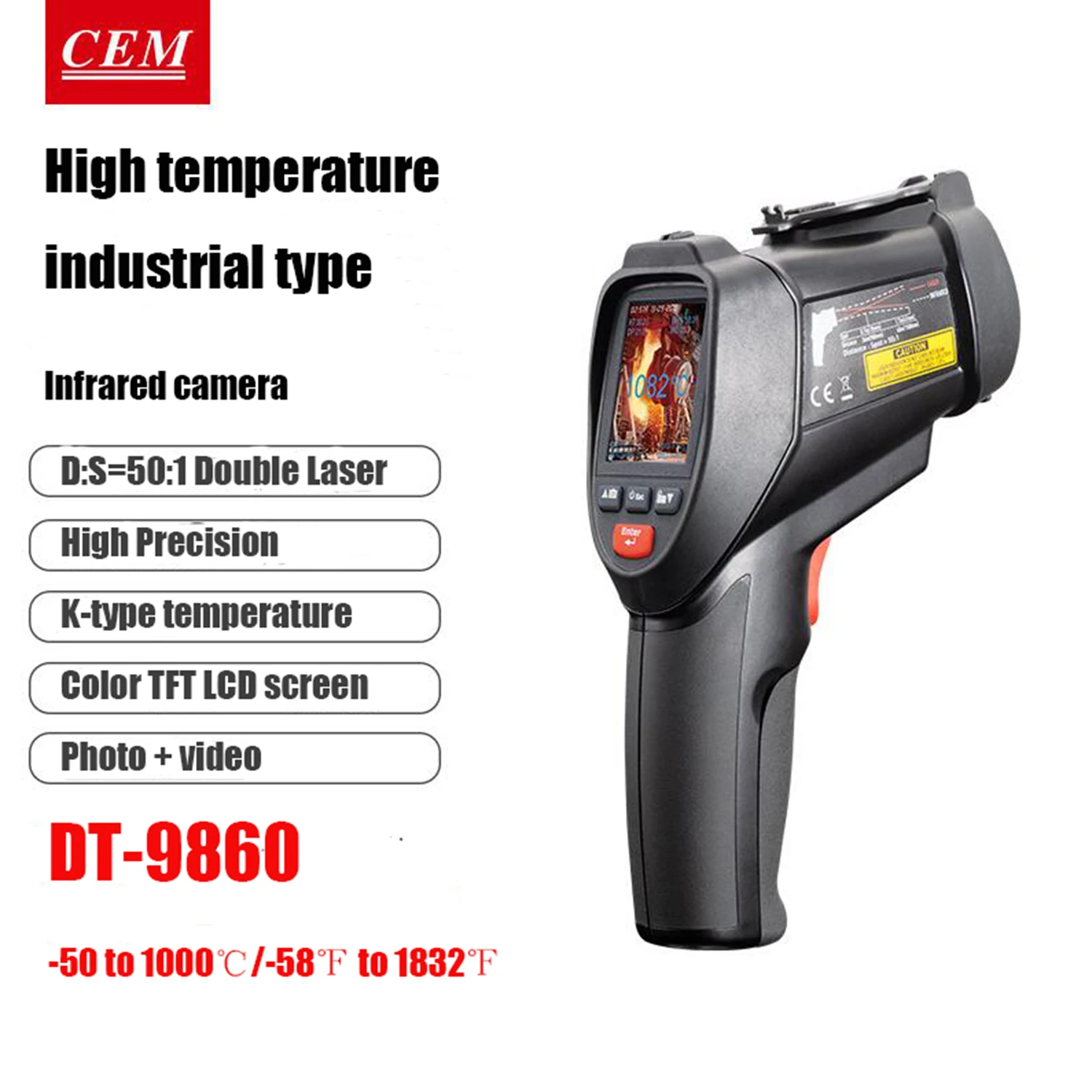 CEM DT-9860 DT-9862 Infrared Thermometer Industrial Color Screen Video Temperature Measuring Gun Photography Hermometer Camera.
CEM DT-9860 DT-9862 Infrared Thermometer Industrial Color Screen Video Temperature Measuring Gun Photography Hermometer Camera.