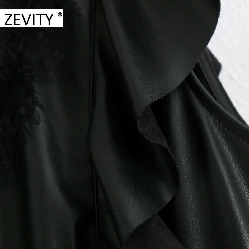 ZEVITY New women lace patchwork casual PU leather A line dress female sleeveless ruffles vestido chic back zipper dresses DS4437
