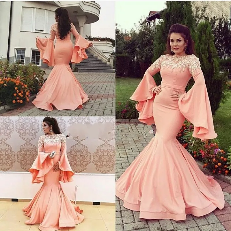 Elegant Peach 3D Flower Mermaid Evening Gowns With Puff Full Sleeves Pretty Long Prom Gowns Fashion Formal Party Dresses 
Elegant Peach 3D Flower Mermaid Evening Gowns With Puff Full Sleeves Pretty Long Prom Gowns Fashion Formal Party Dresses