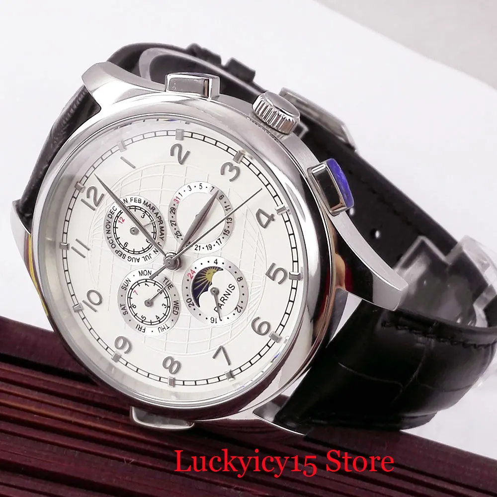 

PARNIS Multifunction Mechanical Wristwatch Men Moon Phase Month Week Date Function 44mm Round Polished Case
