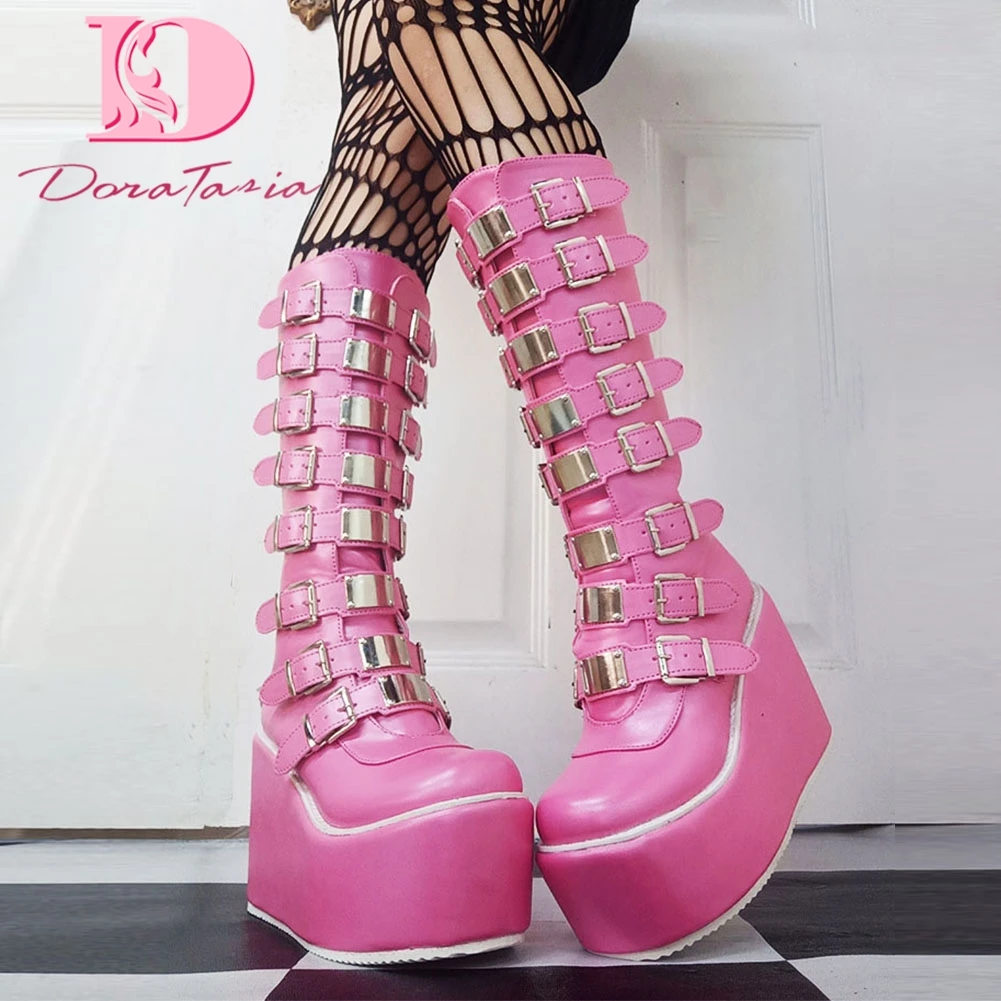 DoraTasia INS Hot Pink Women Knee High Boots Gothic Punk Cosplay Street Fashion Platform Wedges Heels Shoes | Обувь