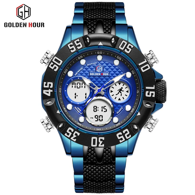 GOLDENHOUR 2019 новые мужские спортивные часы кварцевые цифровые Relogio Hombre