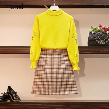 Knitted Floral embroidery Long Sleeve Women Fashion Autumn Winter Slim Sweet Sweaters Tops+Woollen Plaid High Waist Mini Skirts 
Knitted Floral embroidery Long Sleeve Women Fashion Autumn Winter Slim Sweet Sweaters Tops+Woollen Plaid High Waist Mini Skirts