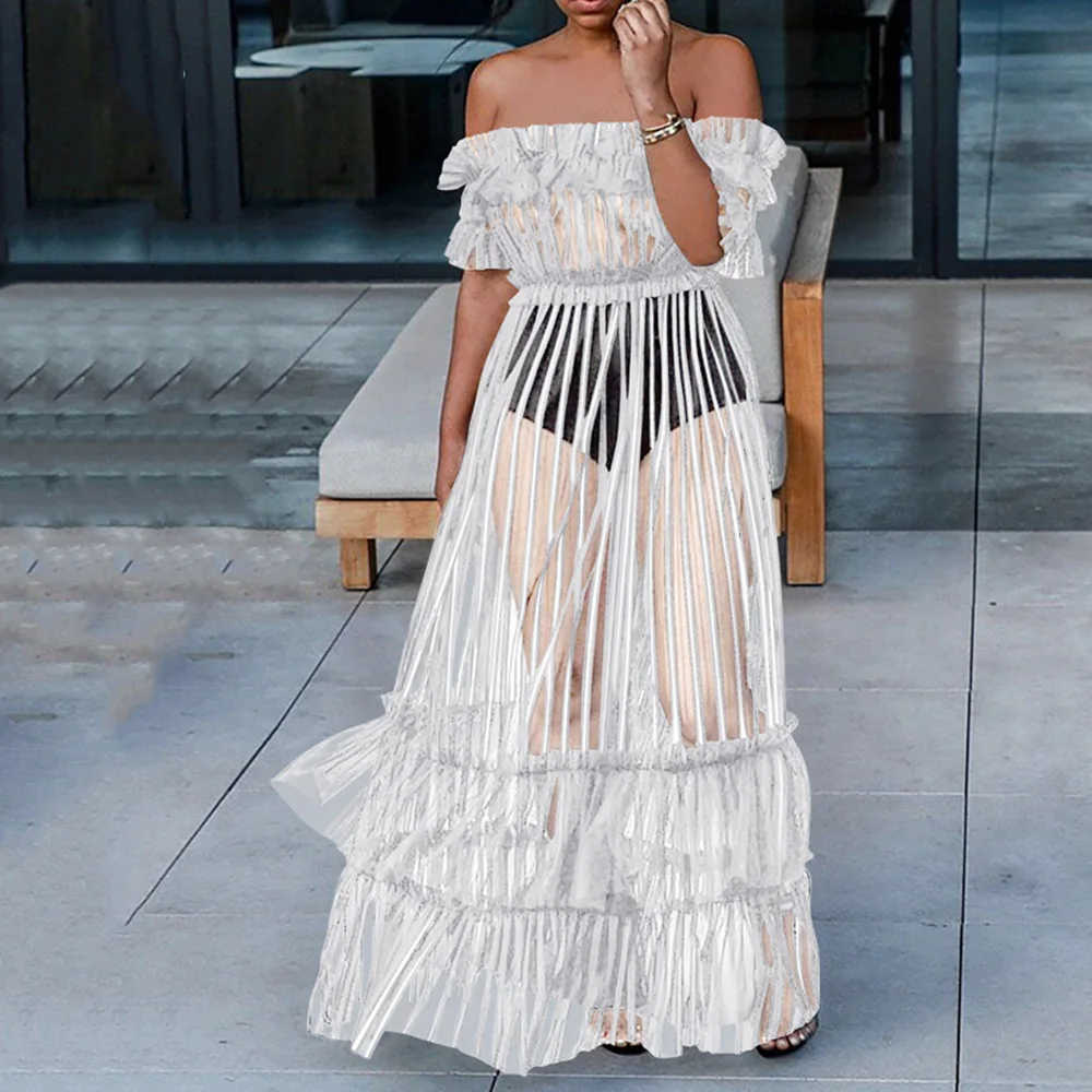 Sexy Off Shoulder Mesh Party Dress Women Tiered Ruffles Long Beach Tunic White Transparent Evening Robe Plus Size Prom Dresses
Sexy Off Shoulder Mesh Party Dress Women Tiered Ruffles Long Beach Tunic White Transparent Evening Robe Plus Size Prom Dresses