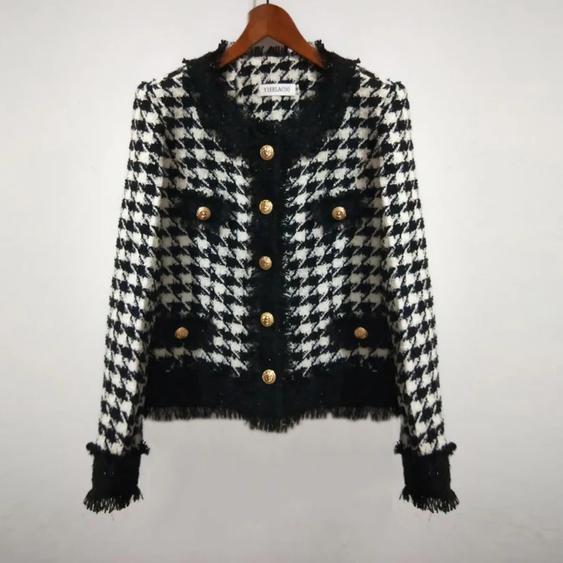 Черно-белая клетчатая твидовая куртка осень / зима женская с длинным рукавом