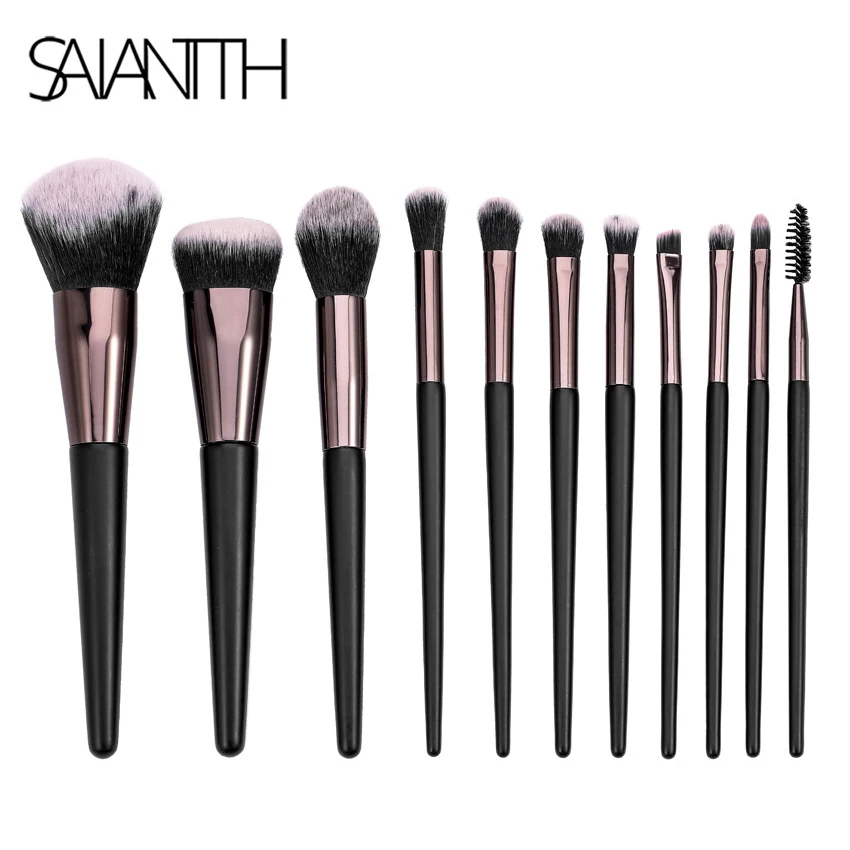 

Saiantth 11pcs makeup brushes set black white hair soft beauty foundation eyeshadow brushes make up wood cosmetic kit eyelashes