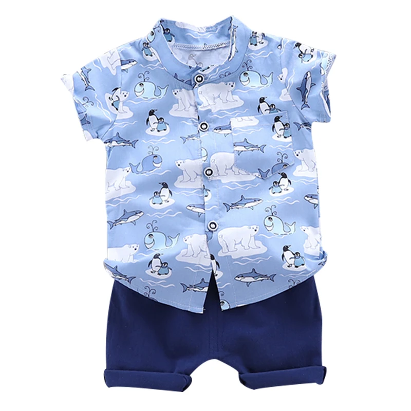 Toddler Baby Boy Clothing Set Summer Sharks Penguins Print T-Shirt Cartoon Children Boys Clothes Shorts Suit for Kids Outfit | Детская