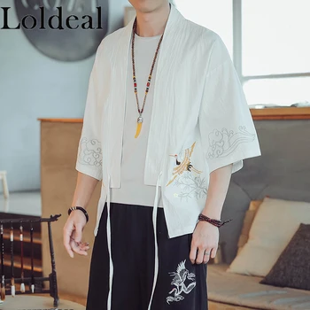 Loldeal Chinese Style 3/4 Sleeve Shirt Men's Cotton and Linen Stand Collar Flying Crane Embroidery Kimono 
Loldeal Chinese Style 3/4 Sleeve Shirt Men's Cotton and Linen Stand Collar Flying Crane Embroidery Kimono