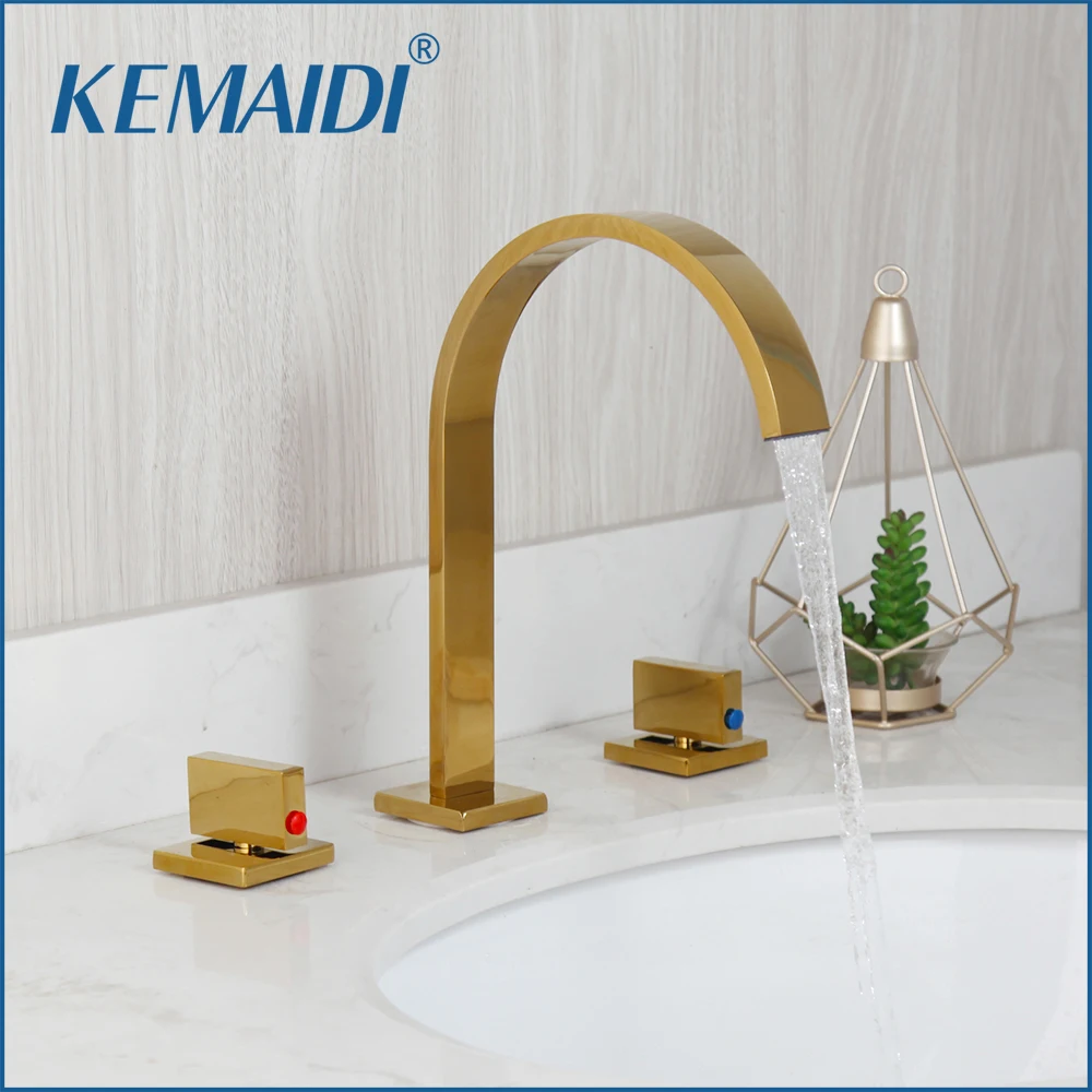 

KEMAIDI Bathroom Basin Sink Faucet Brushed Gold Solid Brass Bathtub Faucets Hot Cold Water Mixer Tap Dual Handle Waterfall Taps