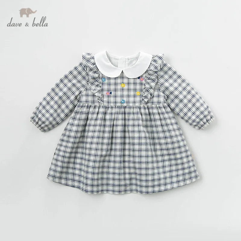 DBM13517 демисезонное клетчатое платье для маленьких девочек с цветочным рисунком в