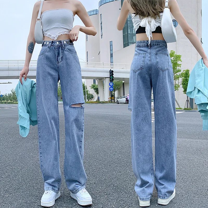 Рваные джинсовые женские брюки с завышенной талией и подвеской Новинка осени 2021
