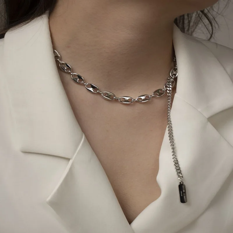 HUANZHI-2020-New-Hip-Hop-Punk-Stainless-Steel-Pig-Nose-Silver-Color-Double-Layer-Chain-Tassel