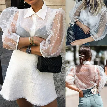 High Street Vintage Women Sheer Mesh Lace Polka Dot Puff Sleeve Button Down Ladies See-through Top Shirt Blouse 
High Street Vintage Women Sheer Mesh Lace Polka Dot Puff Sleeve Button Down Ladies See-through Top Shirt Blouse