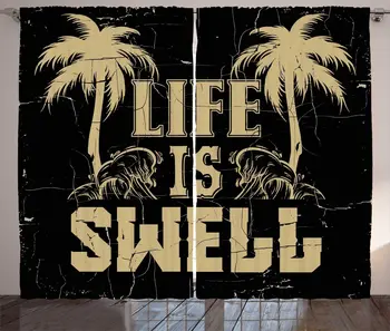 

Tan Charcoal Grey Palm Curtains Life is Swell Typography Tropical Trees Island Beach Exotic Life Dark Bedroom Window Drapes