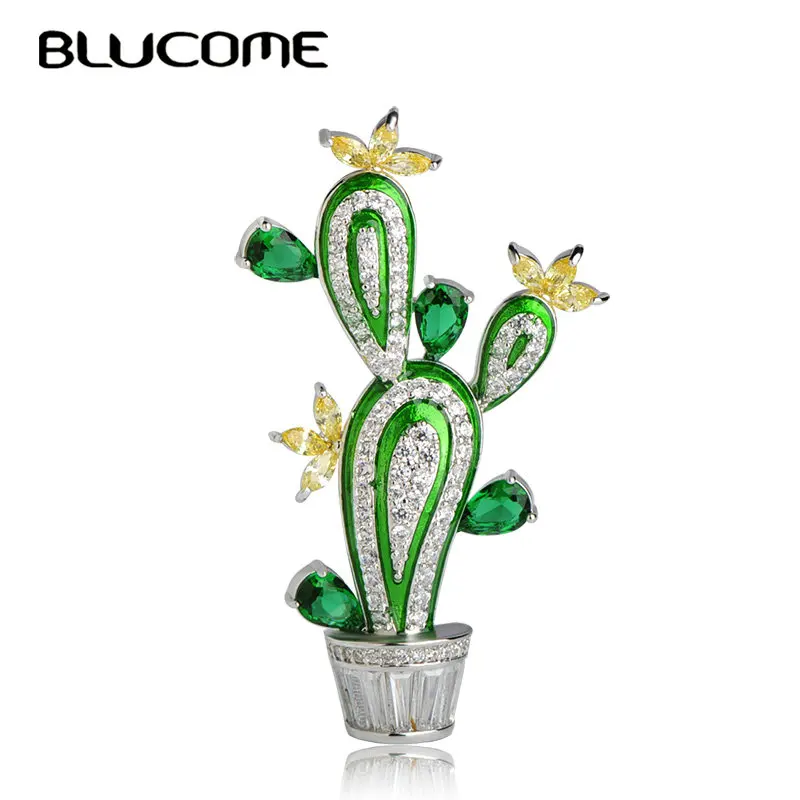 

Blucome Vivid Green Cactus Shape Brooches Full Rhinestones Enamel Plant Brooch For Women Suit Dress Accessories 2018 Trendy Pins