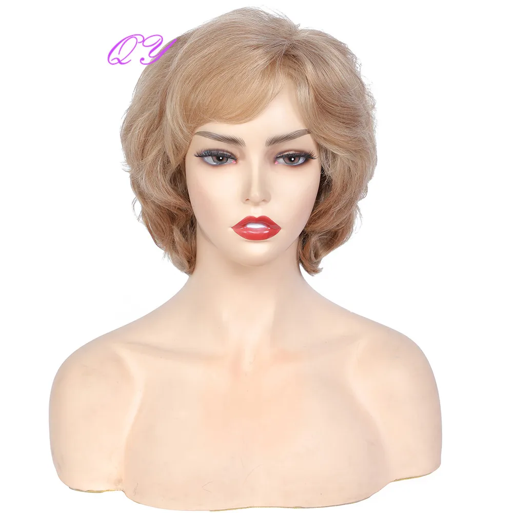 

QY Short Blonde Wig Ombre Brown Synthetic Hair With Bang For Women Natural Wigs High Temperature Fiber