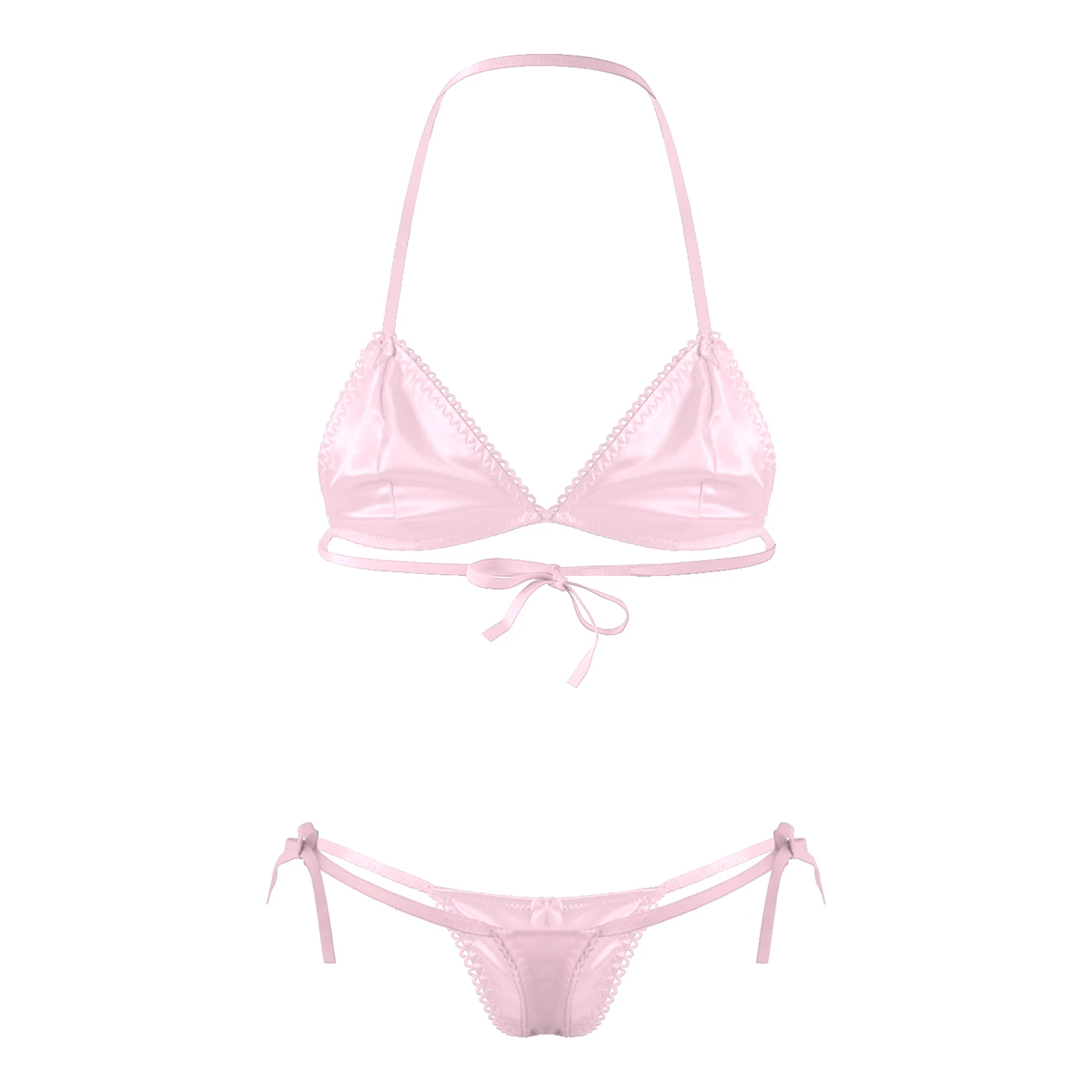 Mens Satin Two-piece Lingerie Set Sissy Gay Male Underwear Lace-up Halter Unlined Wireless Bra with Bikini Thongs Nightwear Sets 
Mens Satin Two-piece Lingerie Set Sissy Gay Male Underwear Lace-up Halter Unlined Wireless Bra with Bikini Thongs Nightwear Sets