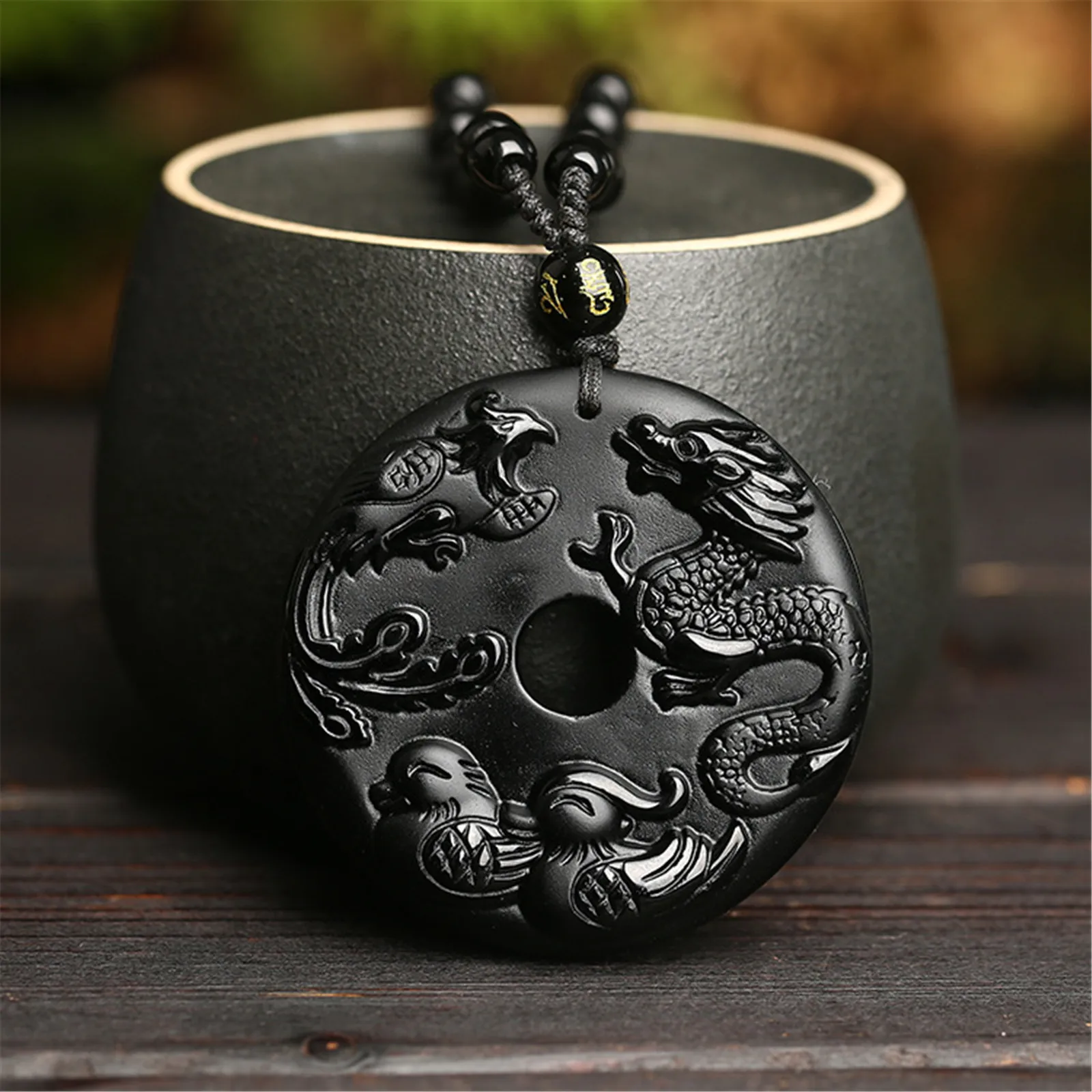 Obsidian Dragon and Phoenix Necklace Black Natural Stone Mens Womens Round Pendant Beaded Chain Mandarin Ducks Feng Shui
Obsidian Dragon and Phoenix Necklace Black Natural Stone Mens Womens Round Pendant Beaded Chain Mandarin Ducks Feng Shui