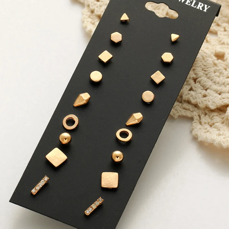 Wholesale 9 Pairs/Set Mixed Styles Stud Earrings Metal Alloy Square Circle Fashion Simple Earing Modern Women Girl Jewelry Gift |