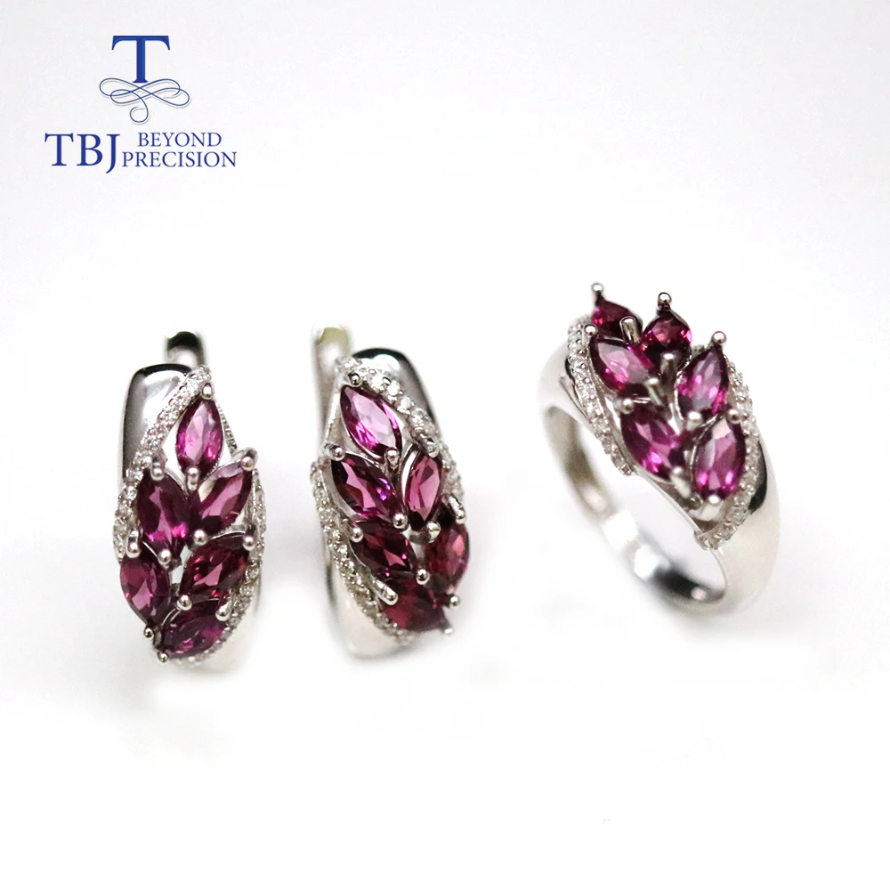 

Tbj, NEW Natural Rhodolite Garnet jewelry set ,brazil gemstone clasp earring Ring 925 Sterling silver fine jewelry for women mom