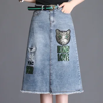 New Korean Style Elegant Fashion High Waist A- line Dress Burr Medium-Length Dress Fashion harajuku Cat Embroidered Denim Skirt 
New Korean Style Elegant Fashion High Waist A- line Dress Burr Medium-Length Dress Fashion harajuku Cat Embroidered Denim Skirt