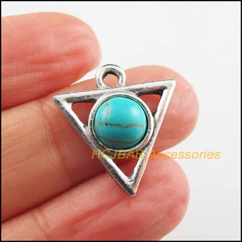 

10 New Triangle Charms Tibetan Silver Tone Blue Stone Pendants 19.5x21mm