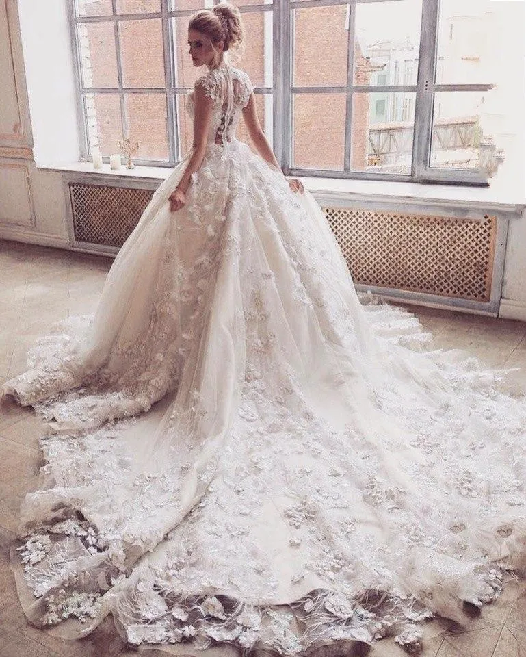Gorgeous-Saudi-Arabia-Vestido-De-Noiva-3D-Flower-Lace-Ball-Gowns-wedding-dresses-Casamento-Royal-Train (2)