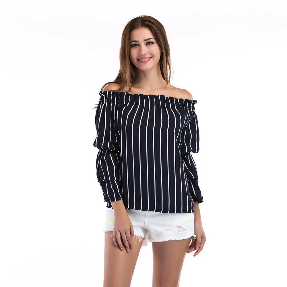 T-shirt female 2019 new casual temperament models elastic one-word collar long-sleeved vertical striped trumpet sleeves tops
T-shirt female 2019 new casual temperament models elastic one-word collar long-sleeved vertical striped trumpet sleeves tops