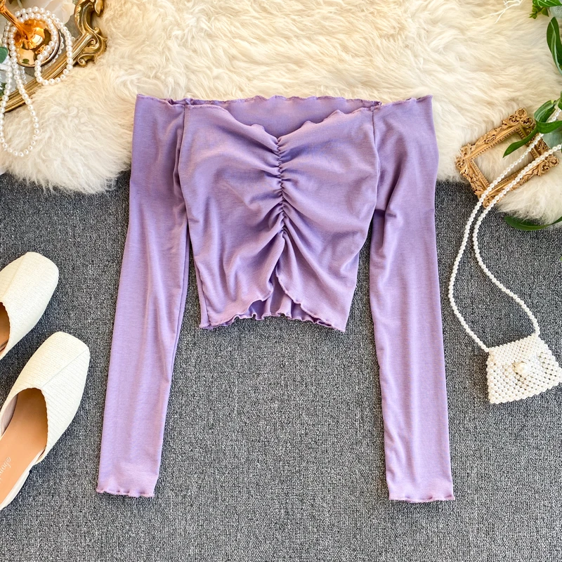 Slash Neck Solid Women Blouse Summer New Long-Sleeved Short High Waist Lady Elegant Pulls Outwear Tops
Slash Neck Solid Women Blouse Summer New Long-Sleeved Short High Waist Lady Elegant Pulls Outwear Tops
