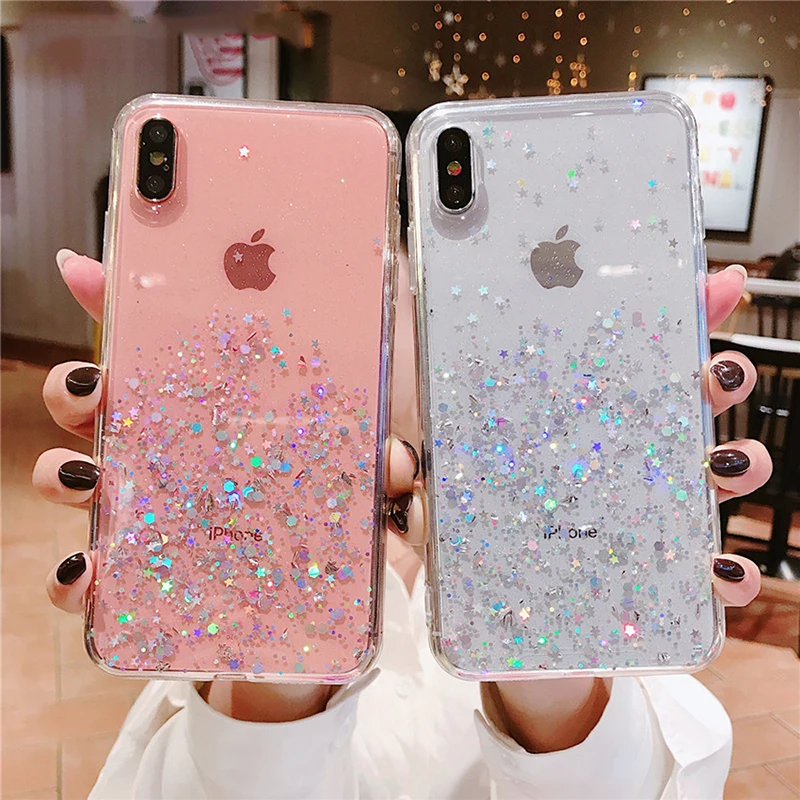 Glitter Bling Sequins Case For iphone 11 pro Max 8 7 Plus 6 6s Epoxy Star Transparent Case For iphone X XR XS MAX Soft TPU Cover (7)