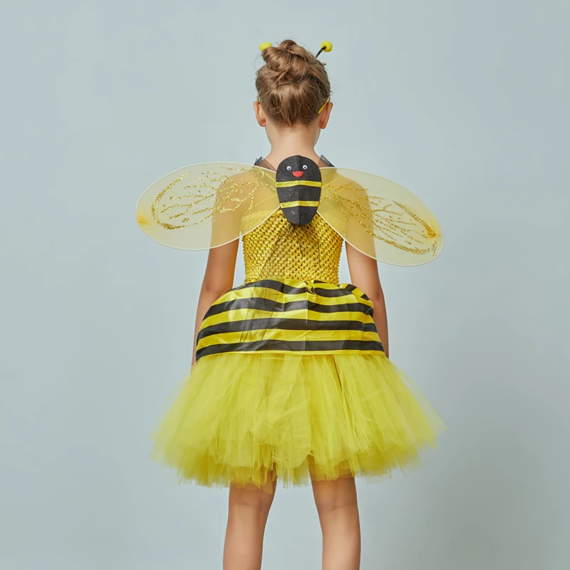 Little Bumble Bee Tutu Dress Girls Honeybee Fancy Dress Up Outfit Yellow Black Striped Insect Birthday Halloween Costume (3)