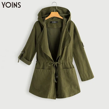 

YOINS 2020 Autumn Winter Women Trench Coats Long Sleeves Hooded Collar Twin Large Pocket Drawstring Waist Coat Army Green