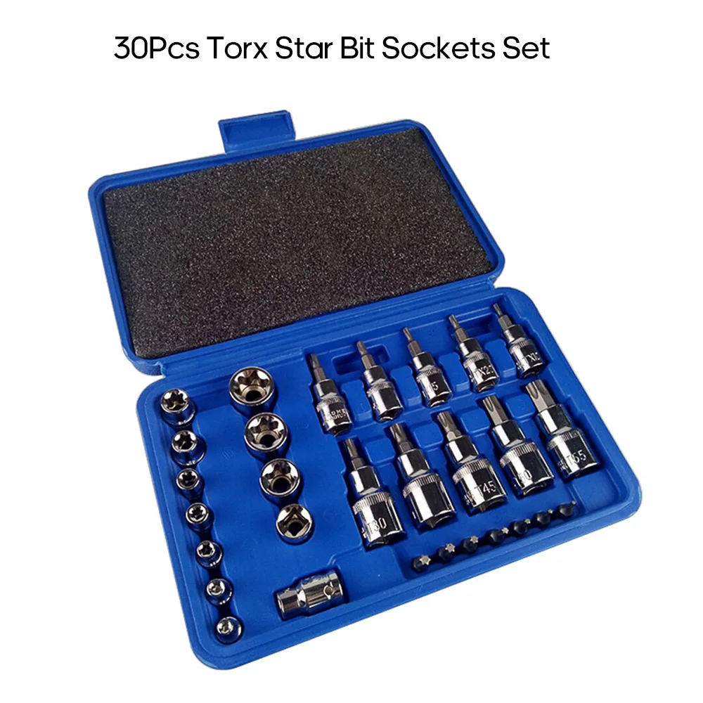 30PCs Torx Star Socket Set & Bit Male Female E & T Sockets With Bit Tools Set US 