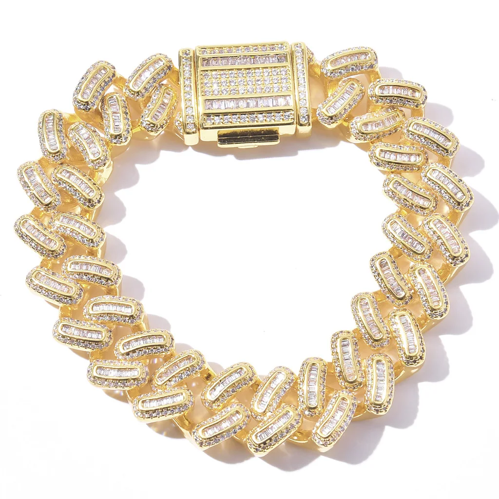 

15mm Baguette Zircon Miami Cuban Link Bracelet Anklets Zircon Charm Iced Out Hip Hop Jewelry Gold Silver Color for Men Women