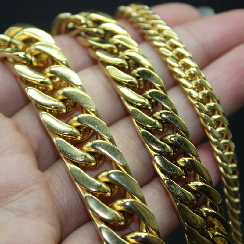 

7/10/12MM Gold Color 316L Stainless Steel Curb Cuban Link Chain Necklaces for Men Women Jewelry Gift 16-40inch
