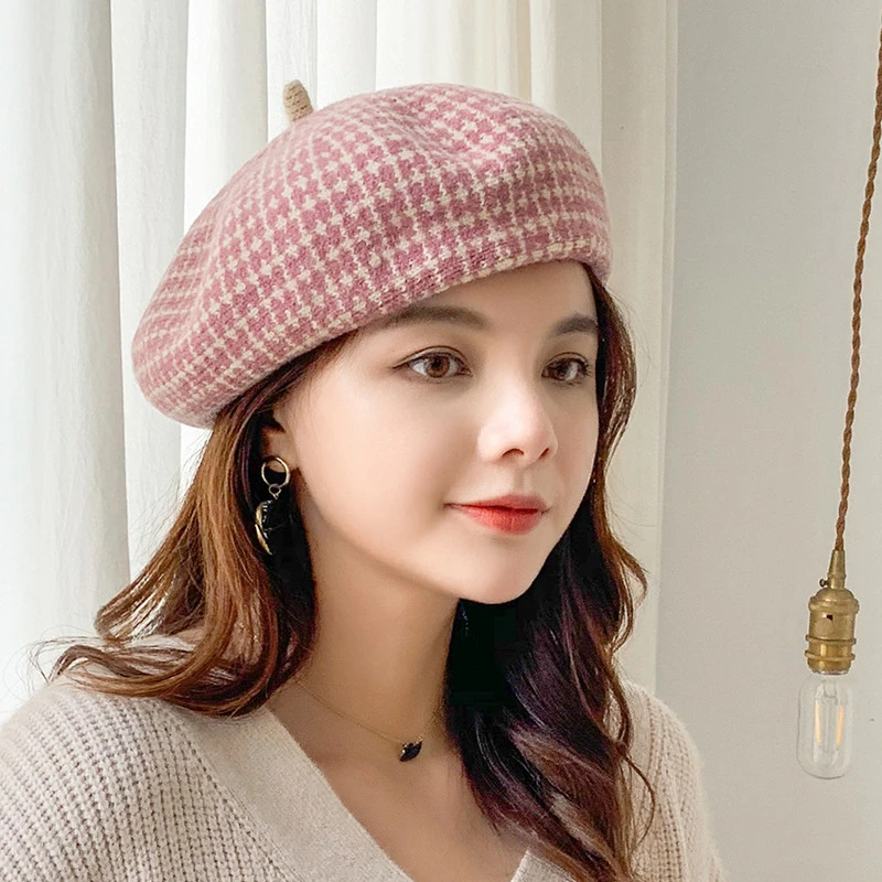 Фото Lattice Jacquard Weave Wool Beret winter Mori Pumpkin Hat Literature Keep Warm Painter | Аксессуары для одежды