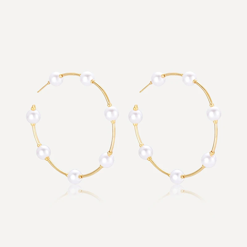 Bohmeian-Boucles d'oreilles créoles rondes en perles blanches pour femmes, grandes boucles d'oreilles de déclaration, bijoux de fête exagérés, document doré 4