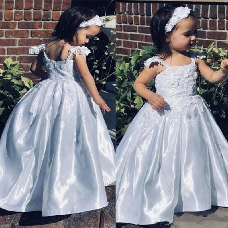 shuiyin15 (1)2019 Lovely Satin White Flower Girls Dresses With Spaghetti Strap Lace Appliques Pleat Skirt Toddler Communion Dress Spring Kids Party Gowns