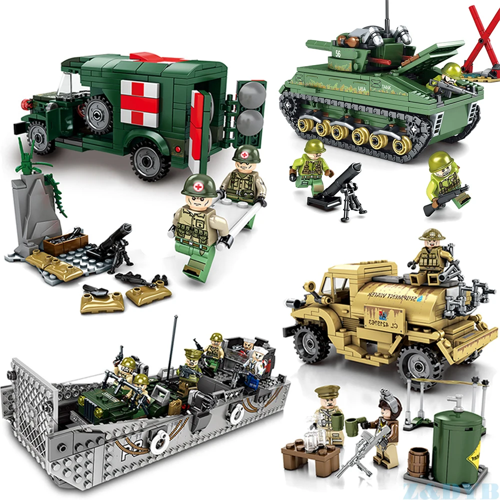 Military Vehicles US Army M4 Tank Ambulance Panzer Landing Boat WW2 Mini Soldier Model Locking Building Block Brick Children Toy
Military Vehicles US Army M4 Tank Ambulance Panzer Landing Boat WW2 Mini Soldier Model Locking Building Block Brick Children Toy