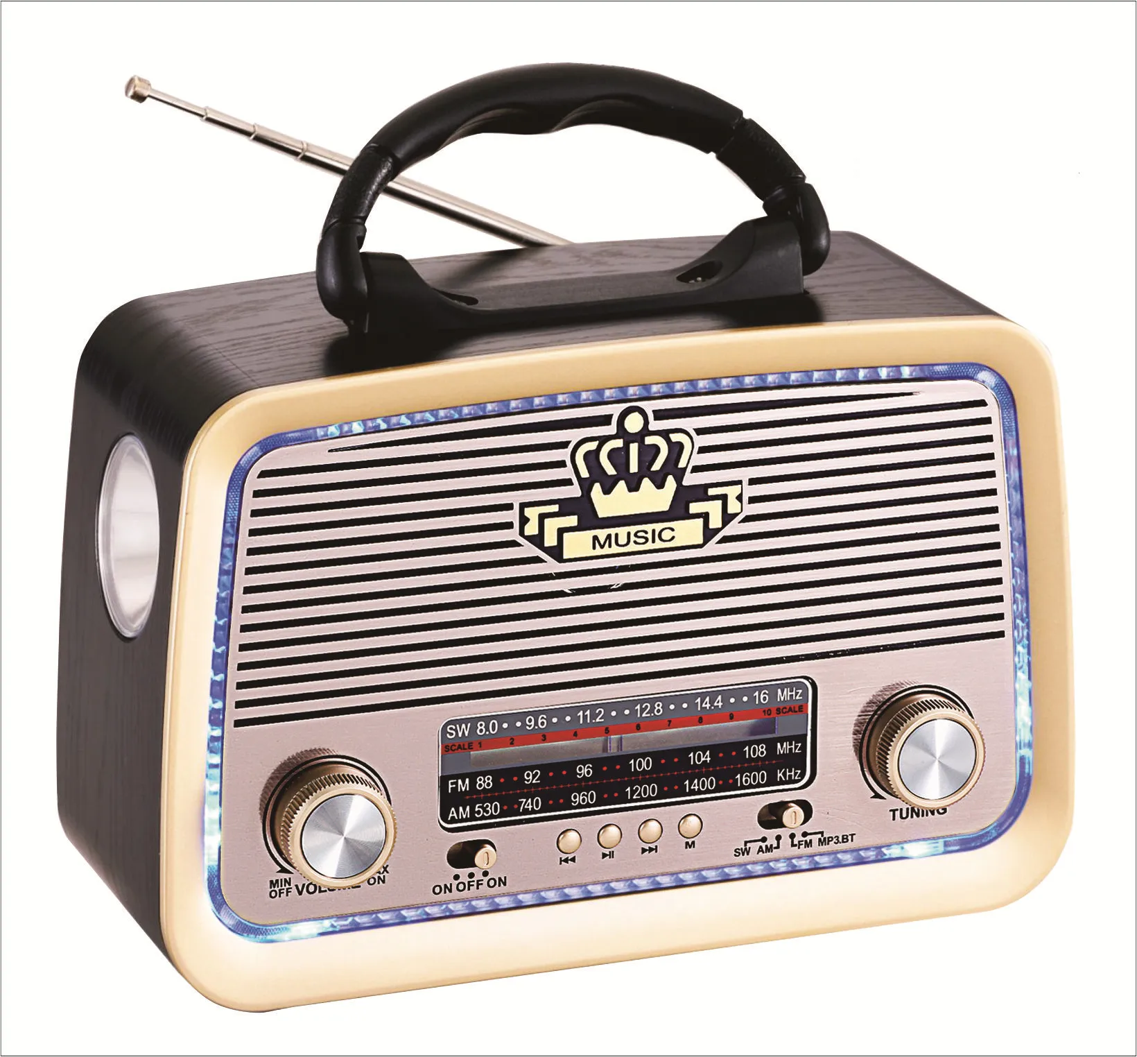 Retro FM AM SW Three Band Radio Support USB TF MP3, FM ANTENNA Bluetooth Speaker With Torch Light Rechargable With Transformer
Retro FM AM SW Three Band Radio Support USB TF MP3, FM ANTENNA Bluetooth Speaker With Torch Light Rechargable With Transformer