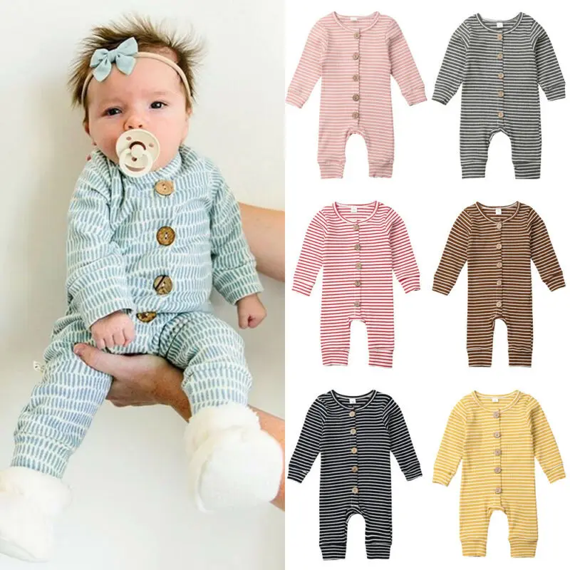 Фото 2020 Brand New One-Piece Newborn Toddler Baby Boy Girl Long Sleeve Striped Cotton Romper Jumpsuit Clothes 0-18M | Мать и ребенок