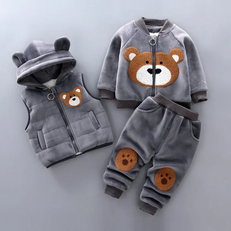 Baby boy clothes winter plus velvet thick three-piece children's warm cartoon dinosaur bear hooded sweater baby girl suit Baby boy clothes winter plus velvet thick three-piece children's warm cartoon dinosaur bear hooded sweater baby girl suit