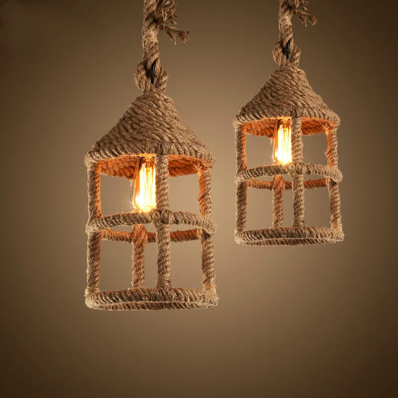 Nordic Style Pendant Light Loft Industrial Lighting Creative Hemp Rope Lantern Shape Retro Bar Living Room Hanging Lamp WJ122812