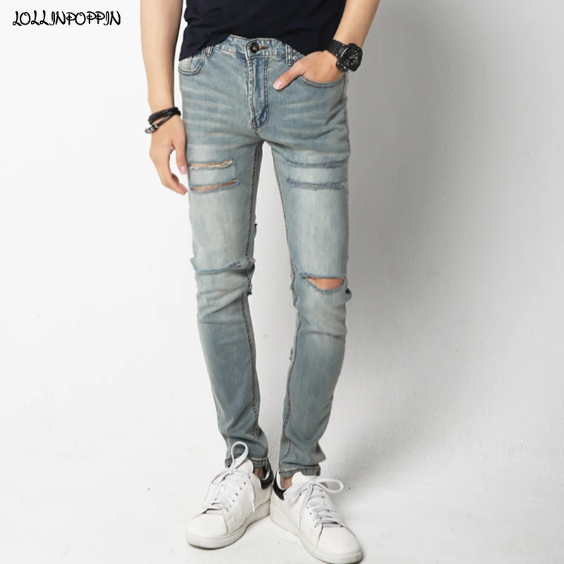 

Mens Ripped Broken Jeans Slim Fit Garment Washed Vintage Denim Pants For Men KPOP Same Style Holed Destroyed Jeans