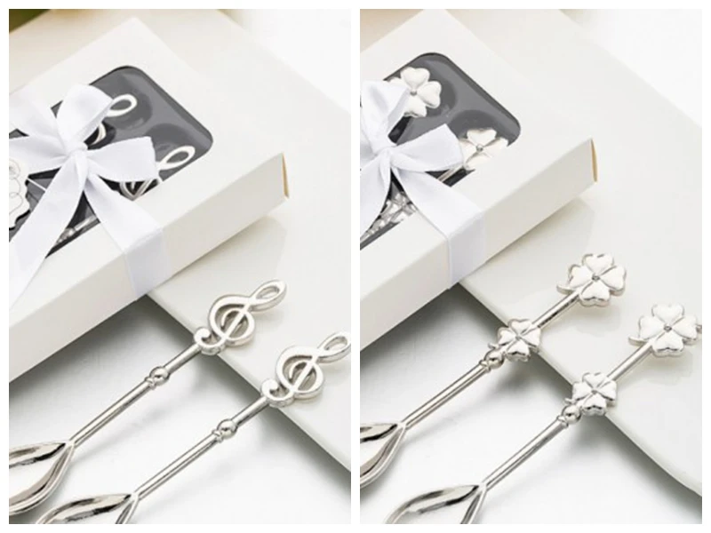 

(50Pcs/lot25Boxes) Silver Wedding reception gifts of Music Note Coffee Spoon and Four Leaf Clover Favors For bridal Party favor