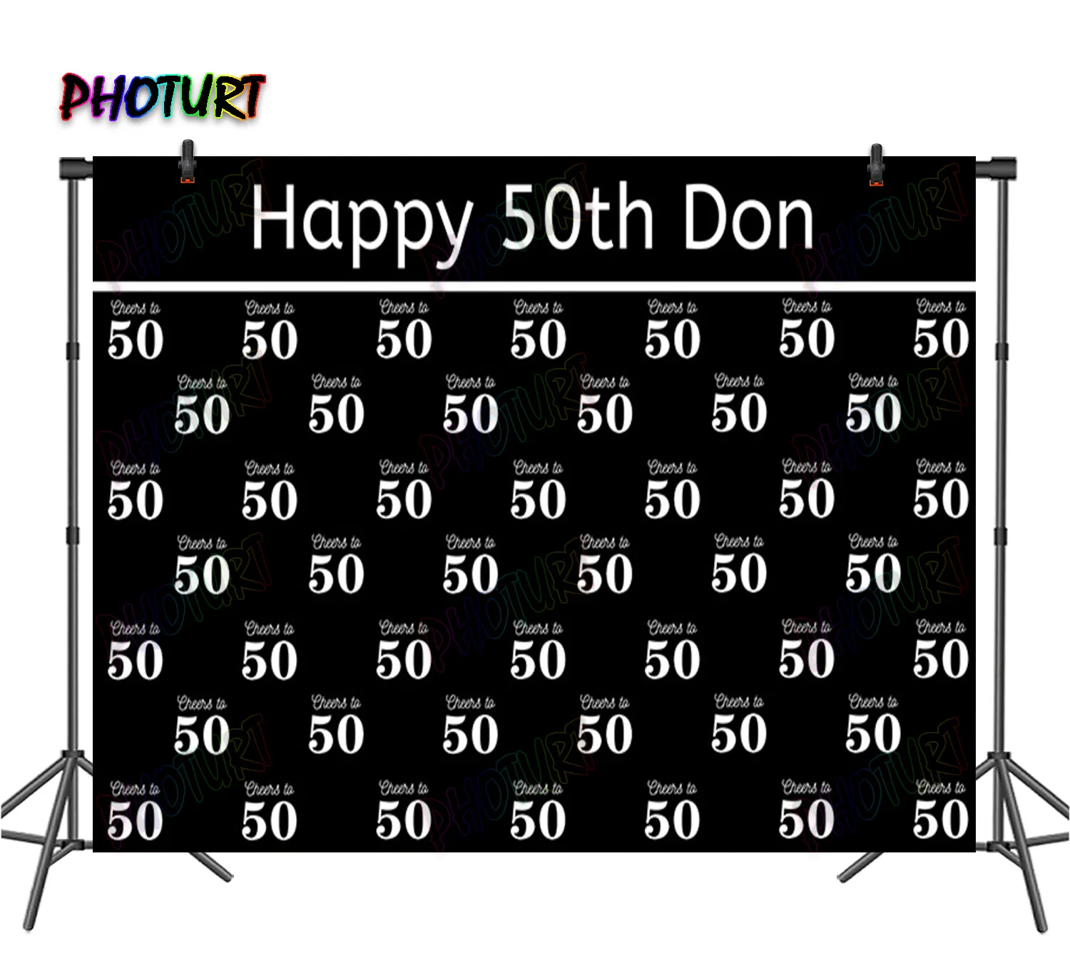 

PHOTURT Happy 50th Birthday Backdrop Age Custom Banner Party Decoration Background Black Repeat Polyester Vinyl Decor Props